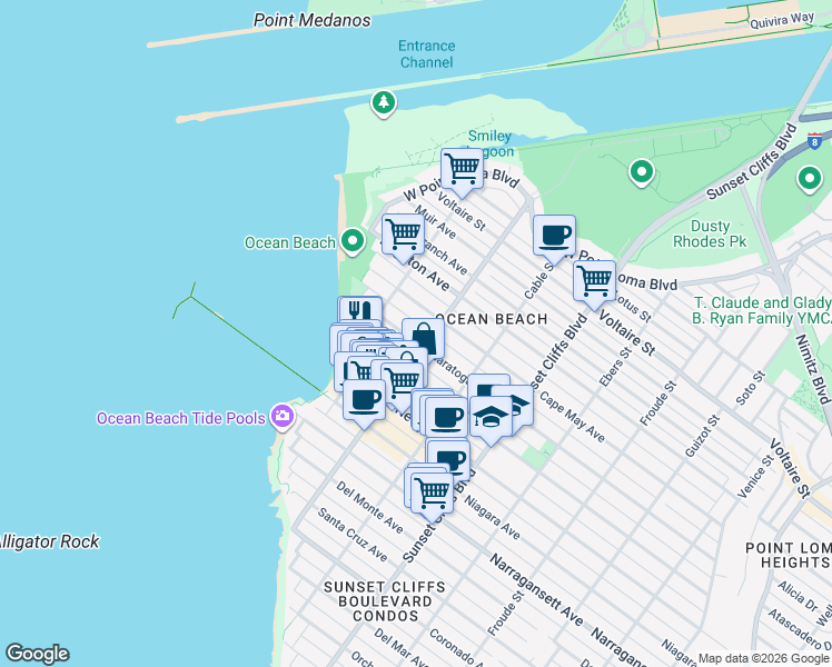 map of restaurants, bars, coffee shops, grocery stores, and more near 5060 Saratoga Avenue in San Diego