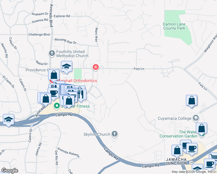map of restaurants, bars, coffee shops, grocery stores, and more near 3802 Via Escuda in La Mesa