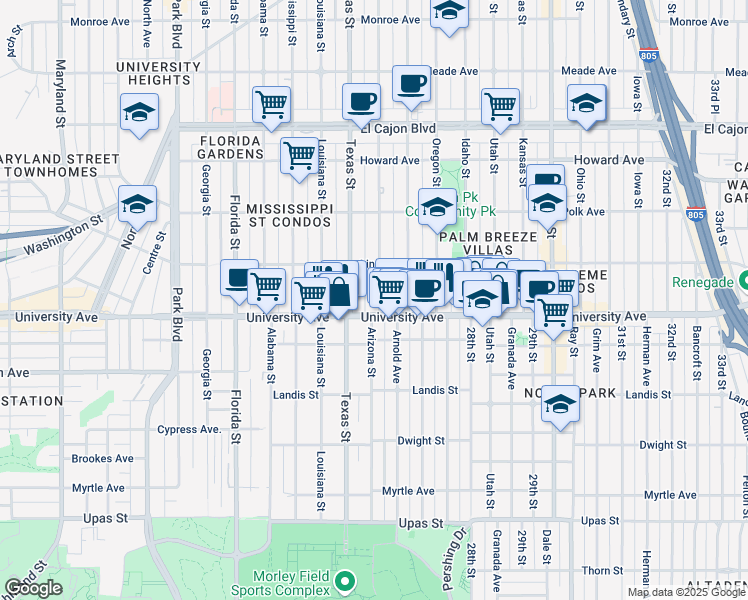 map of restaurants, bars, coffee shops, grocery stores, and more near 3928 Arizona Street in San Diego