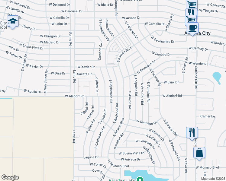 map of restaurants, bars, coffee shops, grocery stores, and more near 14356 South Redondo Road in Arizona City