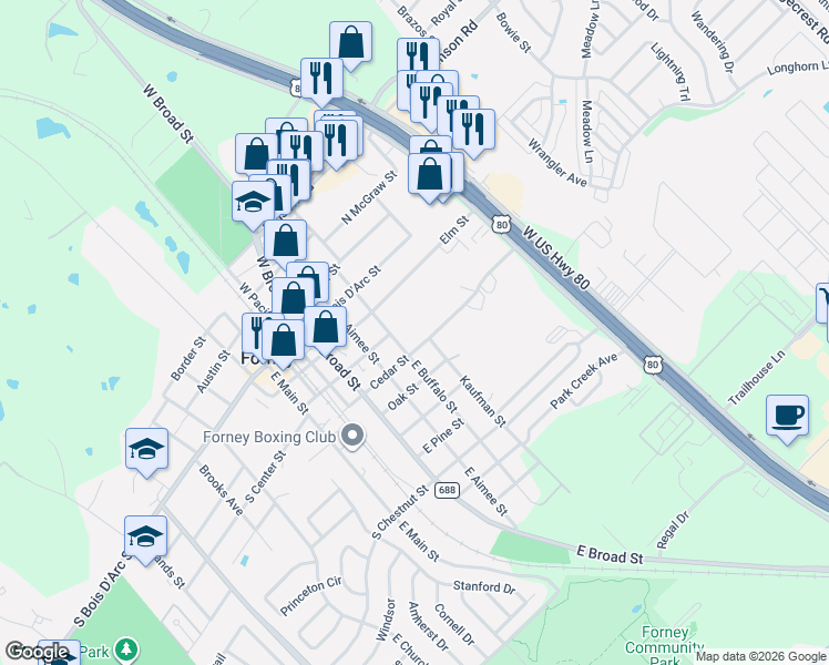 map of restaurants, bars, coffee shops, grocery stores, and more near 207 East Buffalo Street in Forney
