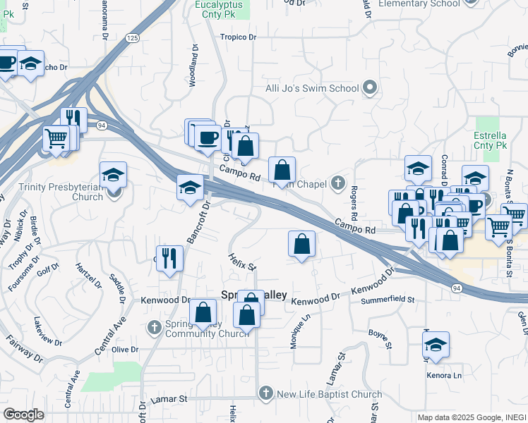map of restaurants, bars, coffee shops, grocery stores, and more near 3865 Helix Street in Spring Valley