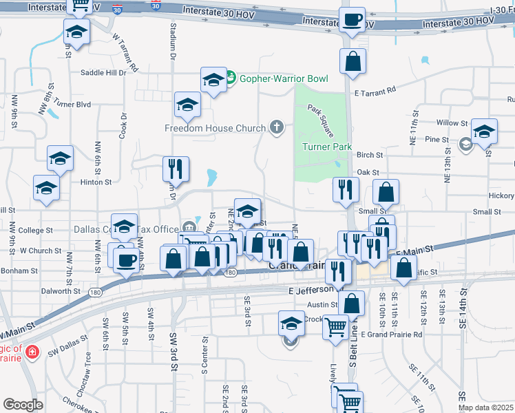 map of restaurants, bars, coffee shops, grocery stores, and more near 328 Fairhavens Place in Grand Prairie