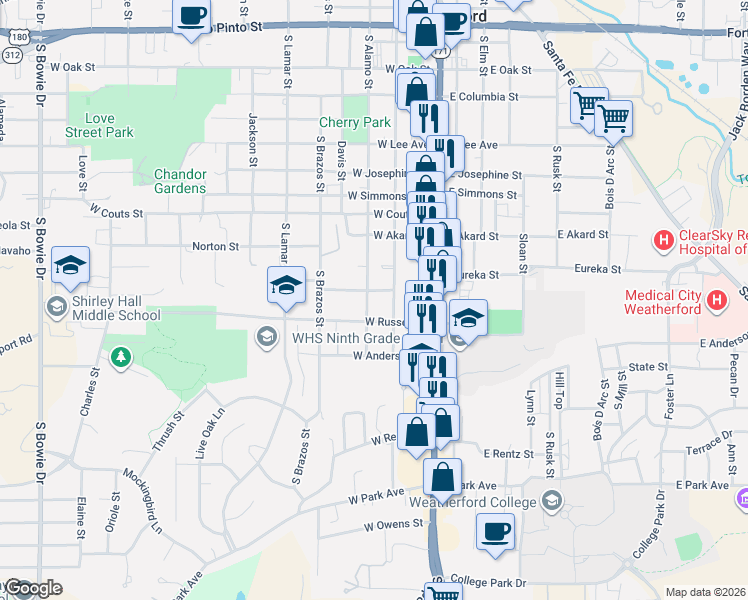 map of restaurants, bars, coffee shops, grocery stores, and more near 207 Cleveland Avenue in Weatherford