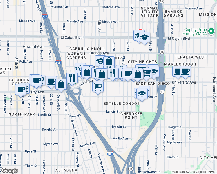 map of restaurants, bars, coffee shops, grocery stores, and more near 3547 University Avenue in San Diego