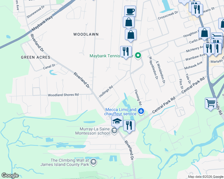 map of restaurants, bars, coffee shops, grocery stores, and more near 1933 Hollings Road in Charleston