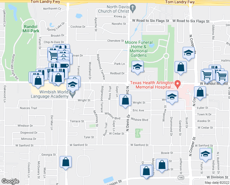 map of restaurants, bars, coffee shops, grocery stores, and more near 1300 West Randol Mill Road in Arlington
