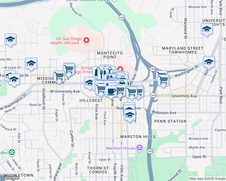 map of restaurants, bars, coffee shops, grocery stores, and more near 3939 4th Avenue in San Diego