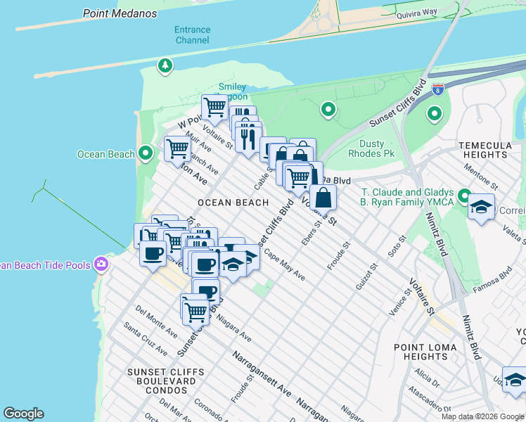 map of restaurants, bars, coffee shops, grocery stores, and more near 4839 Muir Avenue in San Diego