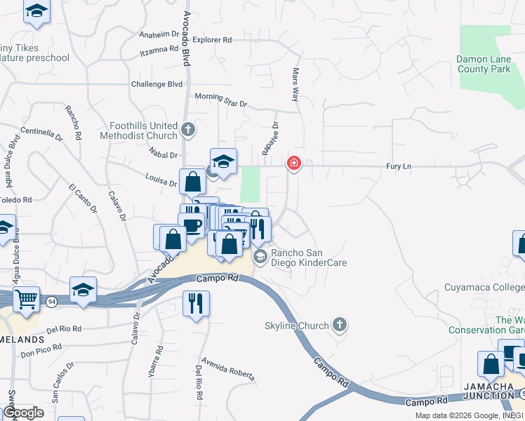 map of restaurants, bars, coffee shops, grocery stores, and more near 3718 Avenida Johanna in La Mesa