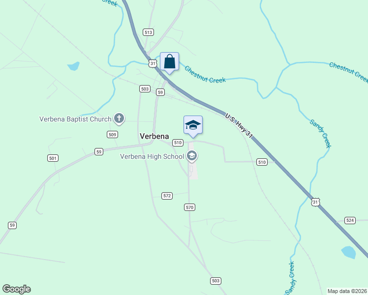 map of restaurants, bars, coffee shops, grocery stores, and more near 175 County Road 510 in Verbena