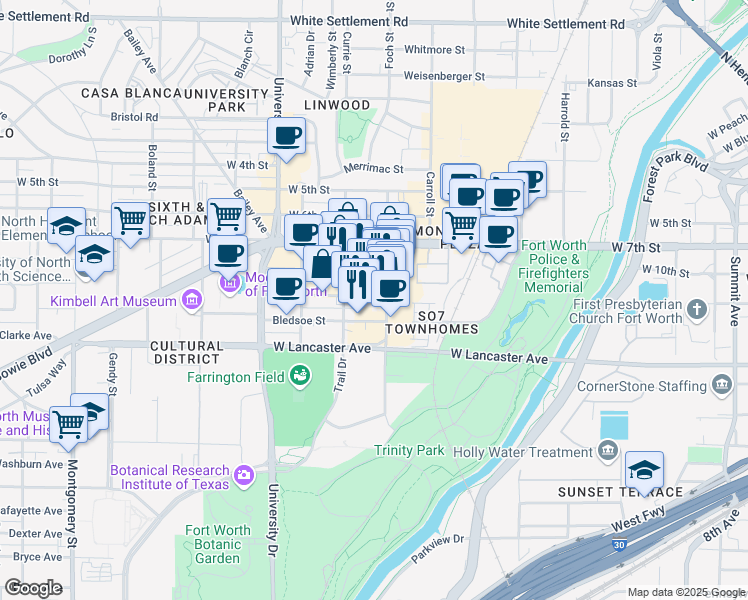 map of restaurants, bars, coffee shops, grocery stores, and more near 2822 Morton Street in Fort Worth