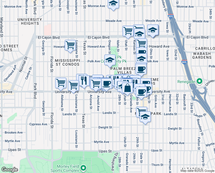 map of restaurants, bars, coffee shops, grocery stores, and more near 3955 Oregon Street in San Diego