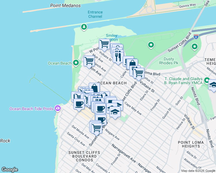 map of restaurants, bars, coffee shops, grocery stores, and more near 4947-51 Brighton Avenue in San Diego