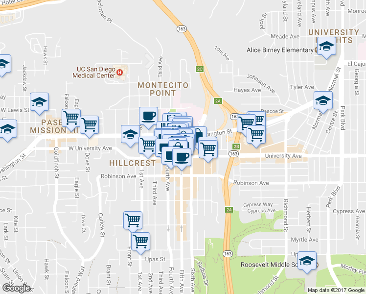 map of restaurants, bars, coffee shops, grocery stores, and more near 3955 5th Avenue in San Diego