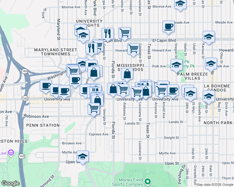 map of restaurants, bars, coffee shops, grocery stores, and more near 3933 Florida Street in San Diego