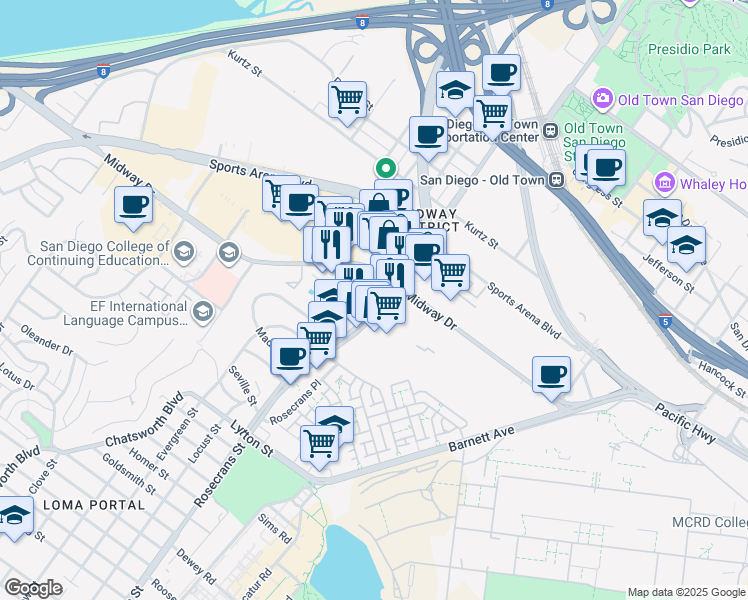 map of restaurants, bars, coffee shops, grocery stores, and more near 3350 Rosecrans Street in San Diego