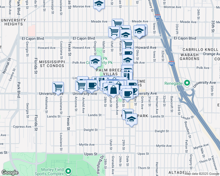 map of restaurants, bars, coffee shops, grocery stores, and more near 3951 Idaho Street in San Diego