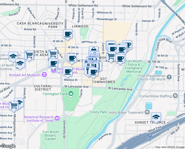 map of restaurants, bars, coffee shops, grocery stores, and more near 1021 Foch Street in Fort Worth