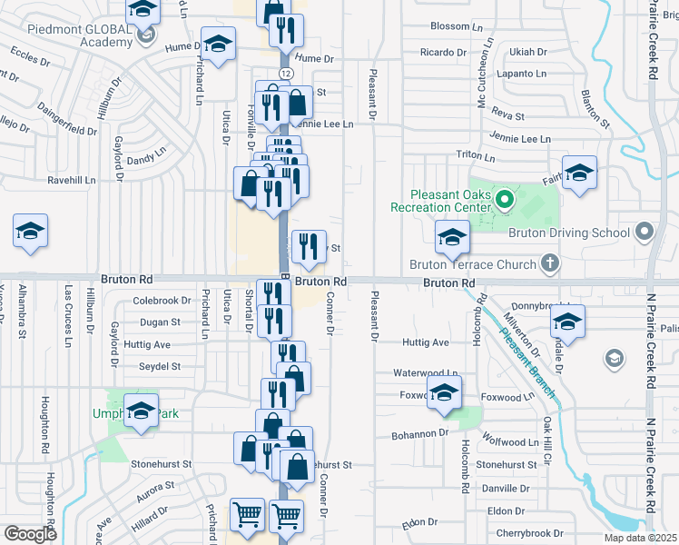 map of restaurants, bars, coffee shops, grocery stores, and more near 8163 Bruton Road in Dallas