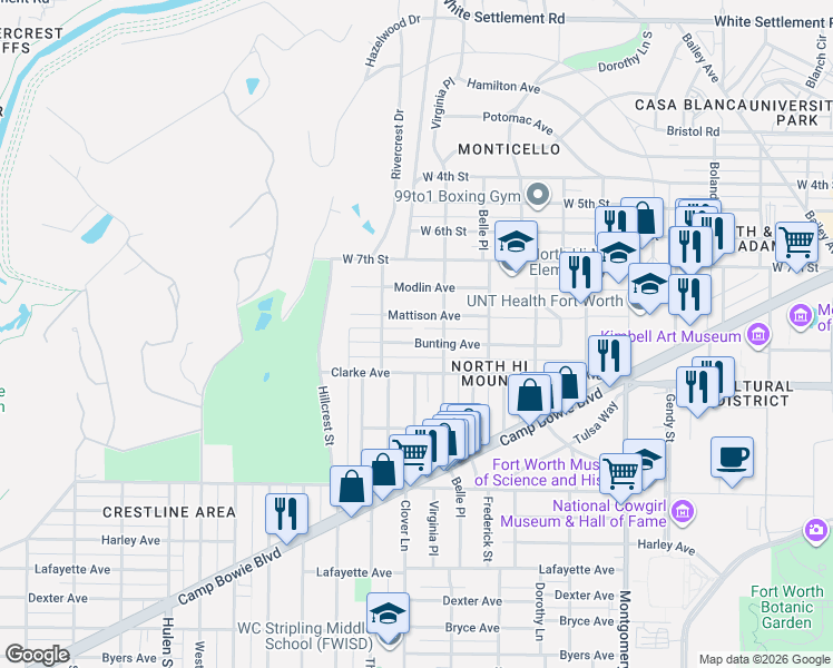 map of restaurants, bars, coffee shops, grocery stores, and more near 4055 Mattison Avenue in Fort Worth