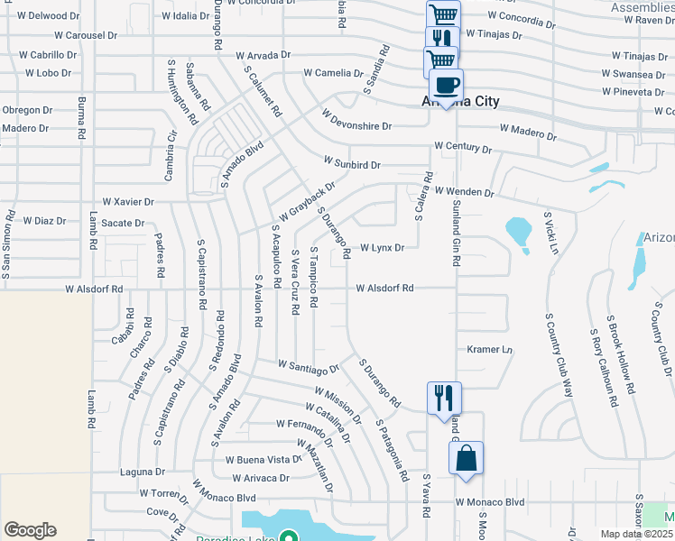 map of restaurants, bars, coffee shops, grocery stores, and more near 14340 South Durango Road in Arizona City