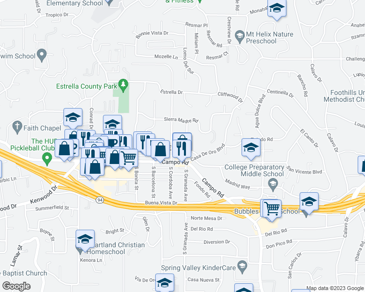 map of restaurants, bars, coffee shops, grocery stores, and more near 3952 North Granada Avenue in Spring Valley
