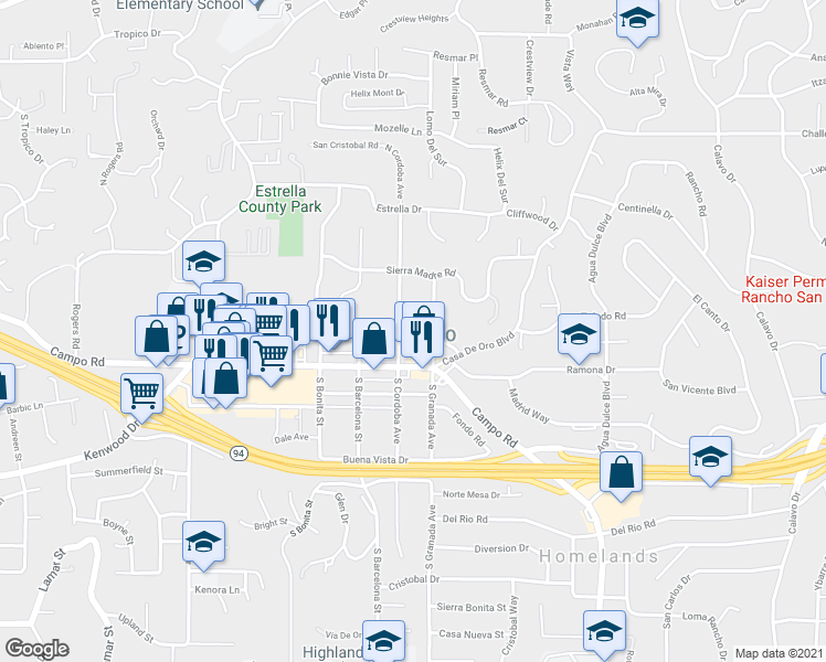 map of restaurants, bars, coffee shops, grocery stores, and more near 3952 North Granada Avenue in Spring Valley