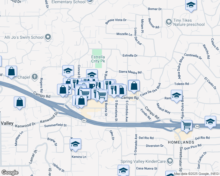map of restaurants, bars, coffee shops, grocery stores, and more near 3948 North Bonita Street in Spring Valley