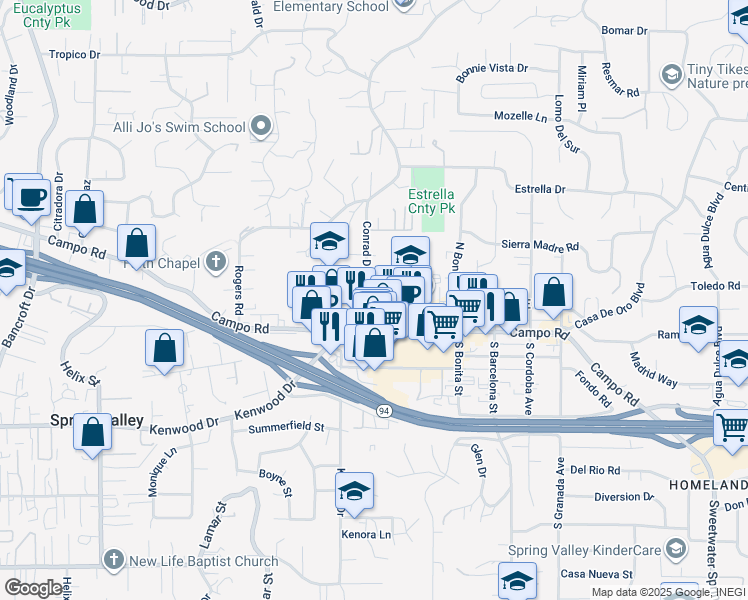 map of restaurants, bars, coffee shops, grocery stores, and more near 3849 Conrad Drive in Spring Valley