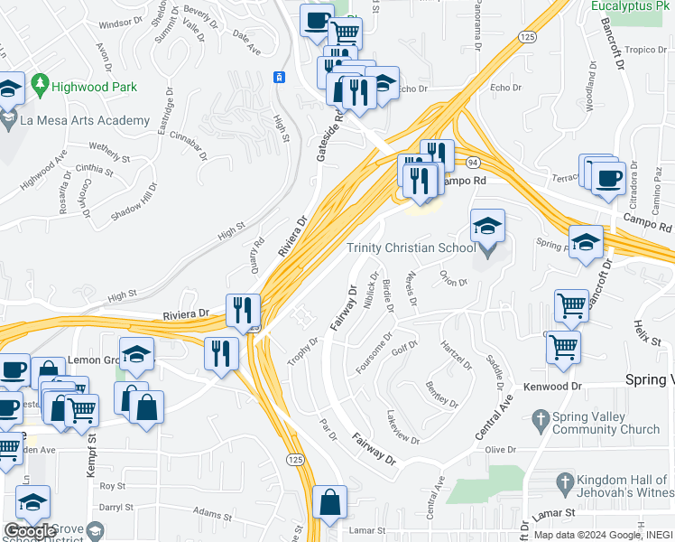 map of restaurants, bars, coffee shops, grocery stores, and more near 8465 Broadway in Lemon Grove