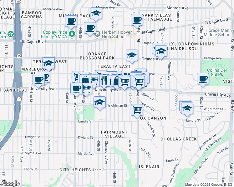 map of restaurants, bars, coffee shops, grocery stores, and more near 4647 University Avenue in San Diego