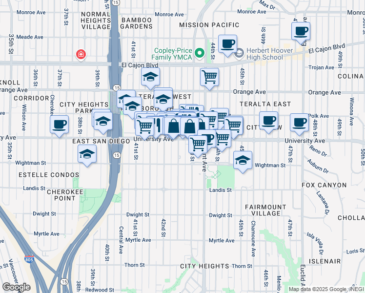 map of restaurants, bars, coffee shops, grocery stores, and more near 4241 University Avenue in San Diego