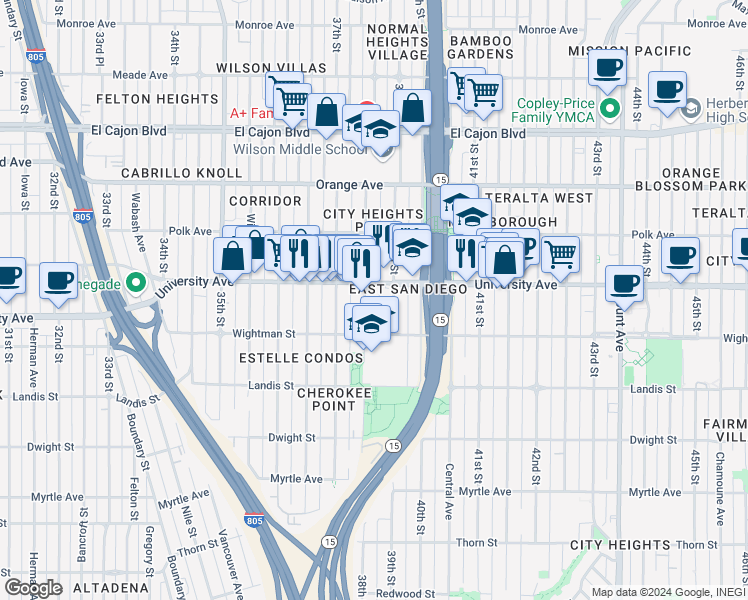 map of restaurants, bars, coffee shops, grocery stores, and more near in San Diego