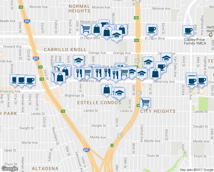 map of restaurants, bars, coffee shops, grocery stores, and more near 3661 University Avenue in San Diego