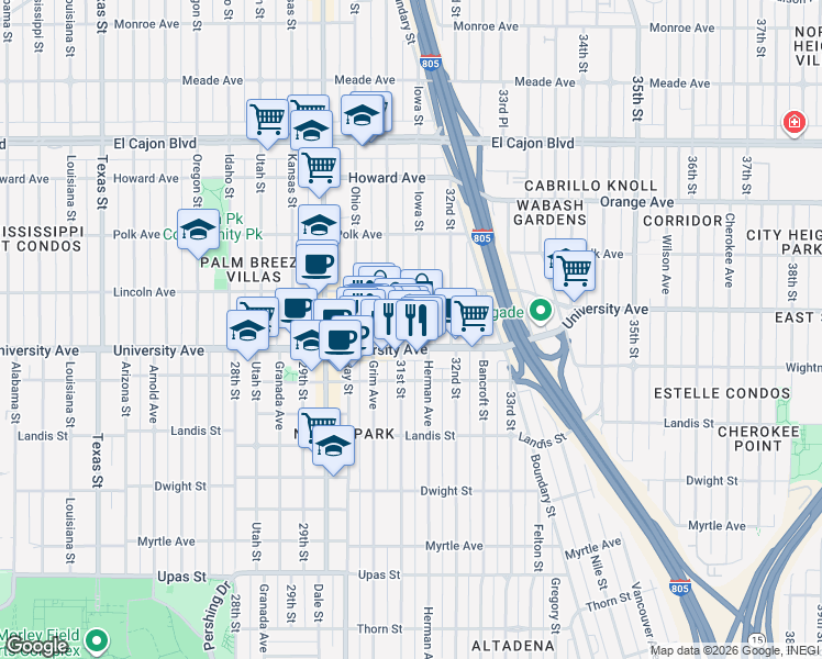 map of restaurants, bars, coffee shops, grocery stores, and more near 3955 Illinois Street in San Diego