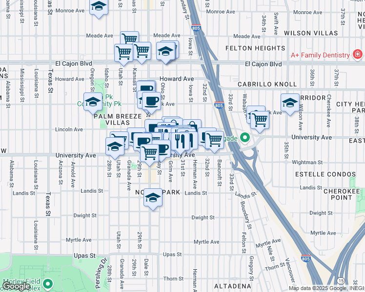 map of restaurants, bars, coffee shops, grocery stores, and more near 3955 Illinois Street in San Diego