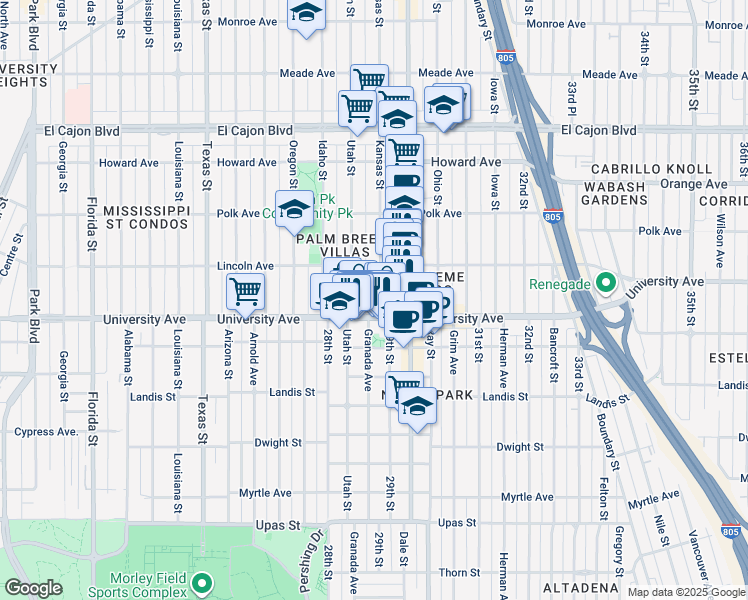 map of restaurants, bars, coffee shops, grocery stores, and more near 3953 Utah Street in San Diego