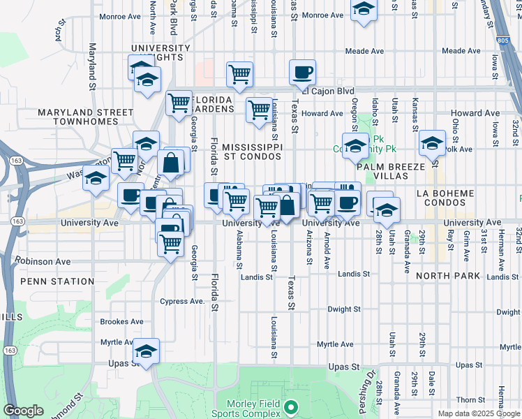 map of restaurants, bars, coffee shops, grocery stores, and more near 3948 1/2 Mississippi Street in San Diego