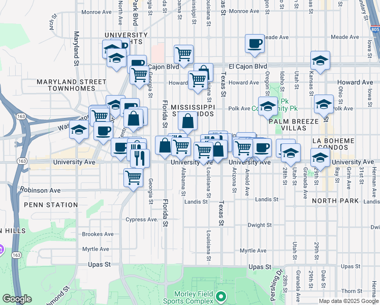map of restaurants, bars, coffee shops, grocery stores, and more near 3948 1/2 Mississippi Street in San Diego