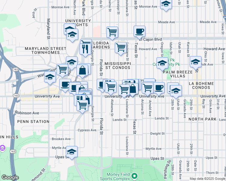 map of restaurants, bars, coffee shops, grocery stores, and more near 3945 Alabama Street in San Diego