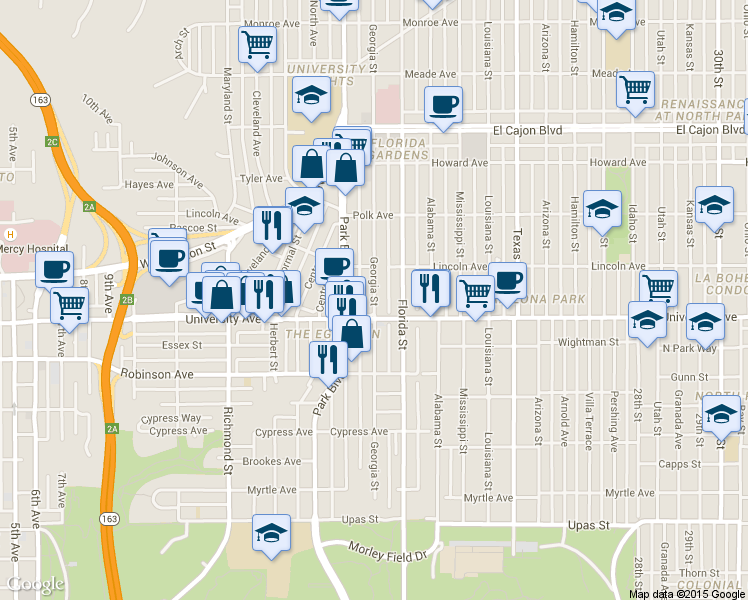 map of restaurants, bars, coffee shops, grocery stores, and more near 3948 Georgia Street in San Diego