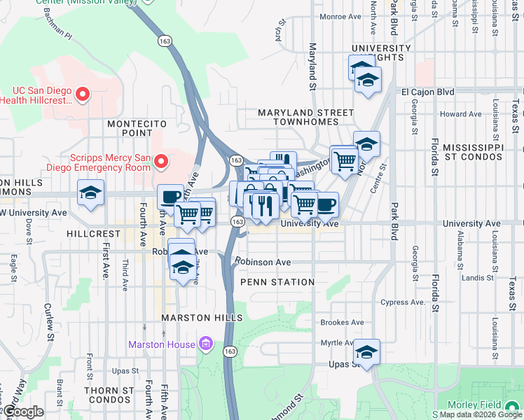 map of restaurants, bars, coffee shops, grocery stores, and more near 1030 University Avenue in San Diego