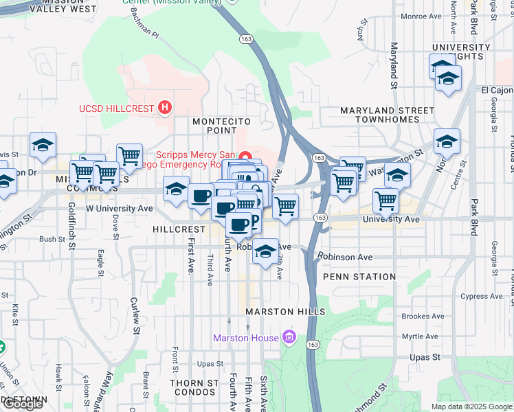map of restaurants, bars, coffee shops, grocery stores, and more near 3964 Fifth Avenue in San Diego