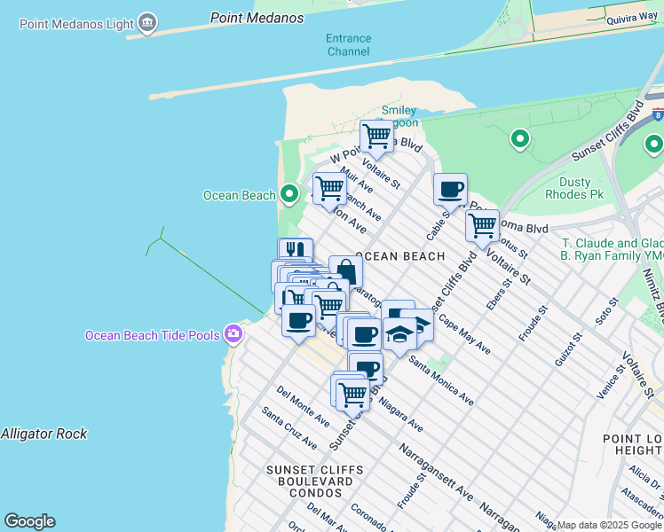 map of restaurants, bars, coffee shops, grocery stores, and more near 5060 Saratoga Avenue in San Diego