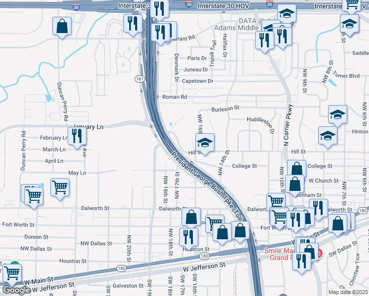 map of restaurants, bars, coffee shops, grocery stores, and more near 1614 Hill Street in Grand Prairie