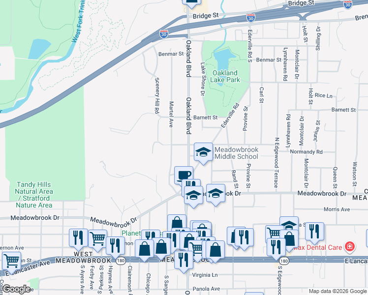 map of restaurants, bars, coffee shops, grocery stores, and more near 1841 Oakland Boulevard in Fort Worth