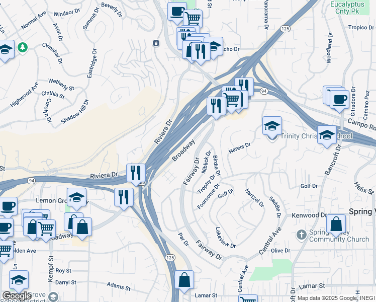 map of restaurants, bars, coffee shops, grocery stores, and more near 8465 Broadway in Lemon Grove