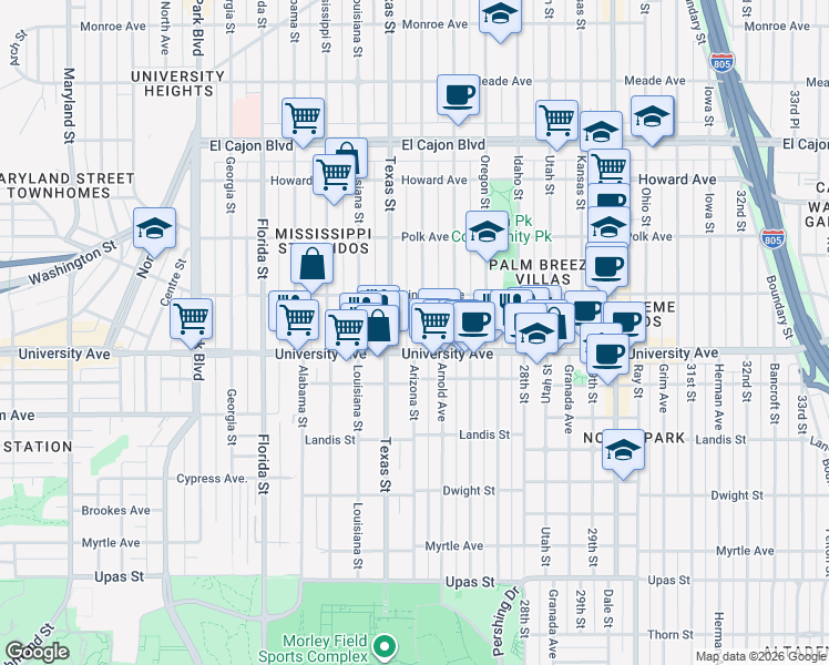 map of restaurants, bars, coffee shops, grocery stores, and more near 3928 Arizona Street in San Diego