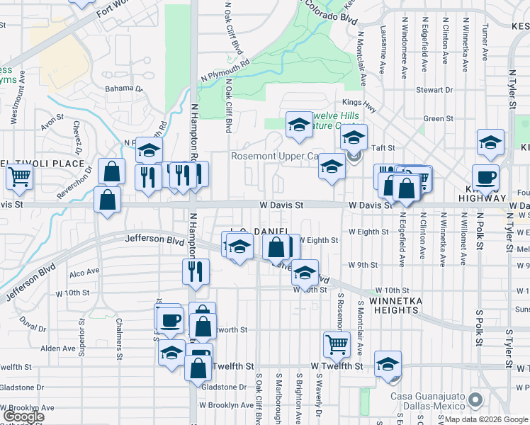 map of restaurants, bars, coffee shops, grocery stores, and more near 427 North Marlborough Avenue in Dallas